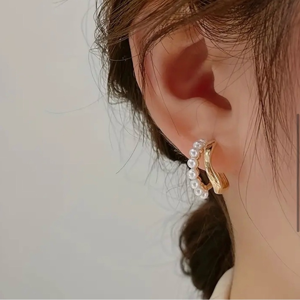 Gold Tone and Faux Pearl Double Hoop Earrings New